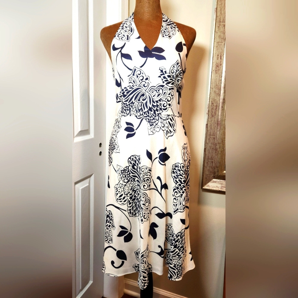 Ann Taylor Blue/Black and White Halter Dress